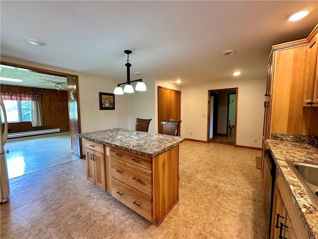 6956 E Washington St, Bath, NY 14810 - kitchen featuring a center island, a baseboard heating unit, dark stone countertops, decorative light fixtures, and recessed lighting