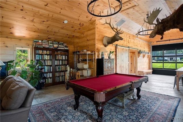 4500 W Lake Rd, Niles, NY 13152 - game room featuring high vaulted ceiling, wooden ceiling, billiards table, wooden walls, and concrete flooring