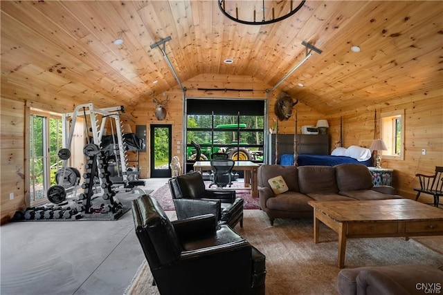 4500 W Lake Rd, Niles, NY 13152 - living area with wooden walls, healthy amount of natural light, lofted ceiling, and wooden ceiling