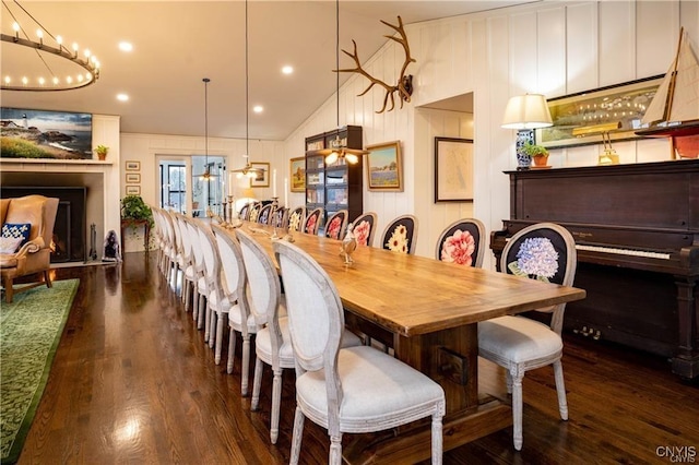 4500 W Lake Rd, Niles, NY 13152 - dining space featuring wood finished floors, lofted ceiling, a chandelier, and recessed lighting