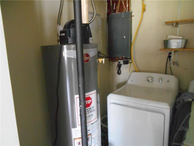 4700 W Lake Rd, Fleming, NY 13021 - laundry room with electric panel, washer / dryer, and water heater