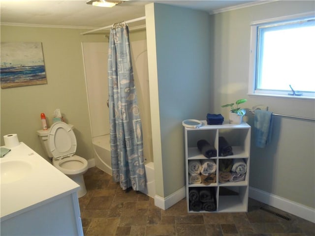4700 W Lake Rd, Fleming, NY 13021 - bathroom with toilet, stone finish flooring, baseboards, shower / tub combo with curtain, and crown molding