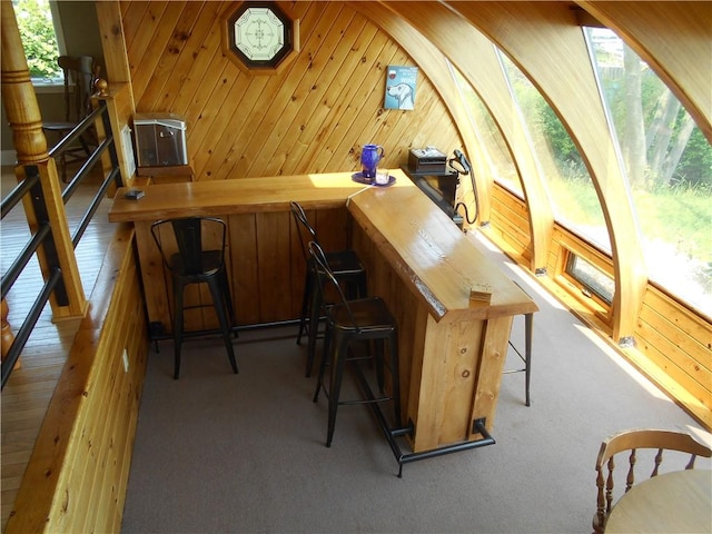 4700 W Lake Rd, Fleming, NY 13021 - indoor bar with wooden walls, stairs, and carpet floors