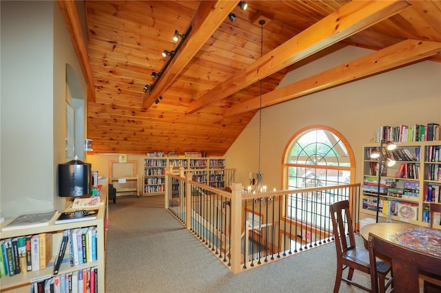 135 Cliffside Dr, South Bristol, NY 14424 - corridor featuring wooden ceiling, carpet floors, track lighting, and a chandelier