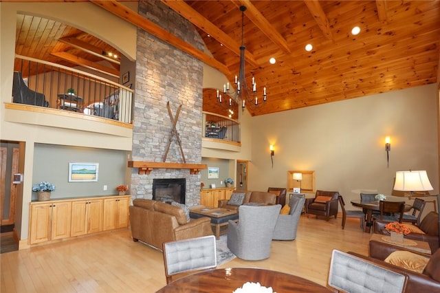 135 Cliffside Dr, South Bristol, NY 14424 - living room featuring wooden ceiling with exposed beams, high vaulted ceiling, light wood finished floors, a fireplace, and a chandelier