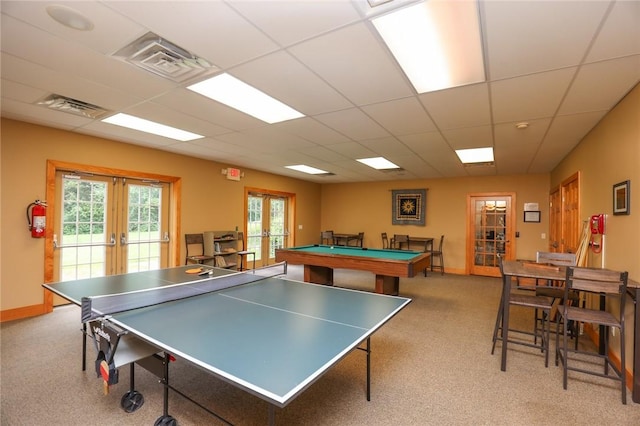 135 Cliffside Dr, South Bristol, NY 14424 - playroom with french doors, a paneled ceiling, carpet, baseboards, and billiards