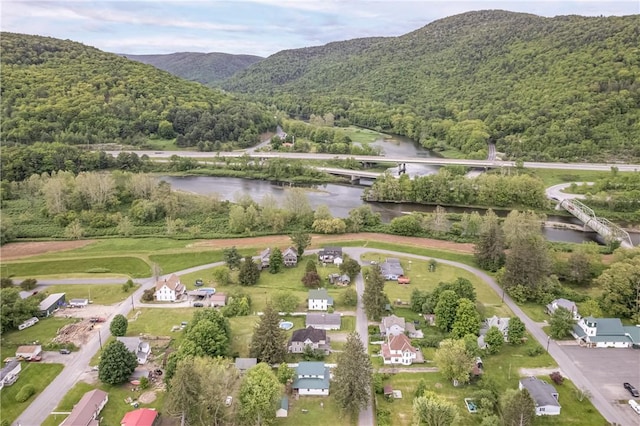 39 Middle St, Hancock, NY 13756 - aerial view of property and surrounding area with a water and mountain view, a forest, and a notable bridge