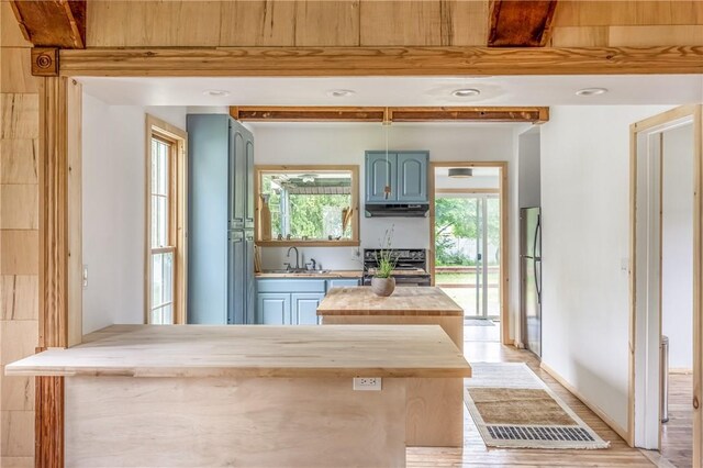 39 Middle St, Hancock, NY 13756 - kitchen with appliances with stainless steel finishes, wood counters, blue cabinetry, a peninsula, and light wood finished floors
