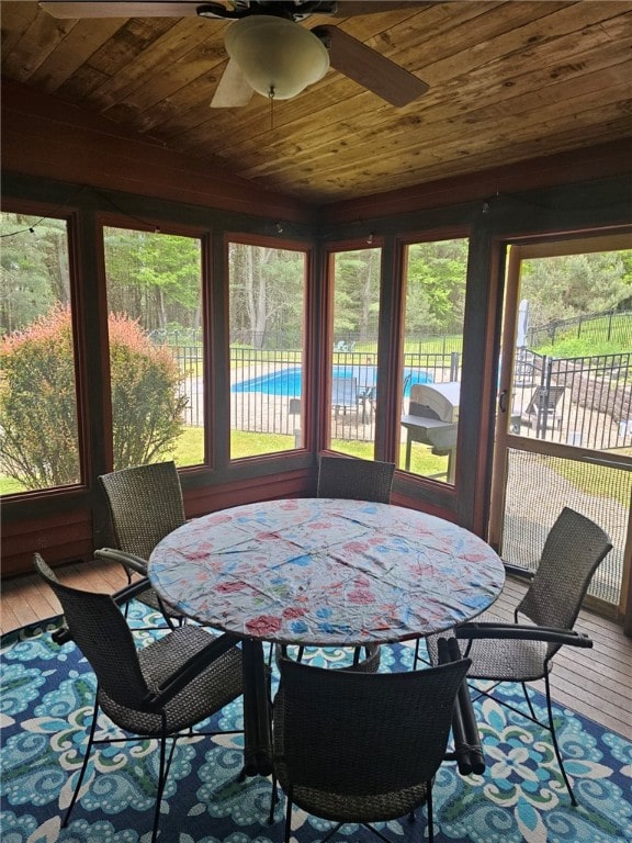 139 Pheasant Run Rd, Middlefield, NY 13326 - sunroom / solarium featuring healthy amount of natural light, ceiling fan, wood ceiling, and outdoor dining area