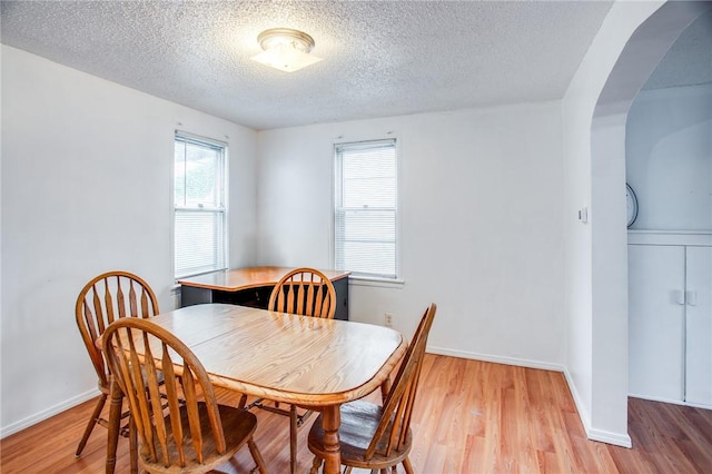 239 Weyl, Rochester, NY 14621 - dining area with a textured ceiling, arched walkways, light wood-style flooring, and baseboards