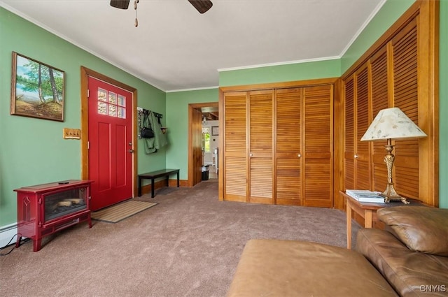 8796 State Highway 12, Sherburne, NY 13460 - living area with carpet, a ceiling fan, and ornamental molding