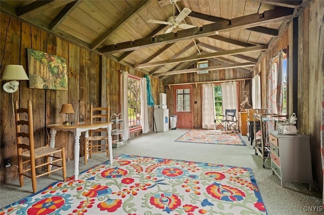 8796 State Highway 12, Sherburne, NY 13460 - miscellaneous room with wooden walls, ceiling fan, carpet, and wooden ceiling