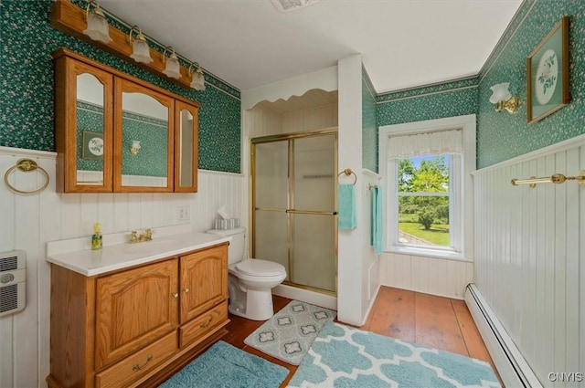 8796 State Highway 12, Sherburne, NY 13460 - full bathroom featuring wallpapered walls, baseboard heating, wood-type flooring, a wainscoted wall, and a stall shower