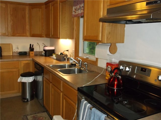 24780 State Highway 206, Colchester, NY 13755 - kitchen featuring stainless steel range with electric cooktop, under cabinet range hood, a sink, dishwasher, and brown cabinets