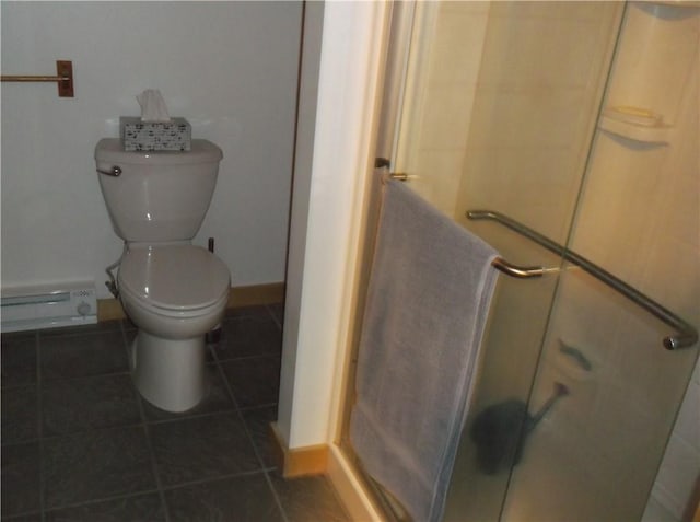 24780 State Highway 206, Colchester, NY 13755 - full bath with a baseboard radiator, toilet, baseboards, tile patterned flooring, and a stall shower