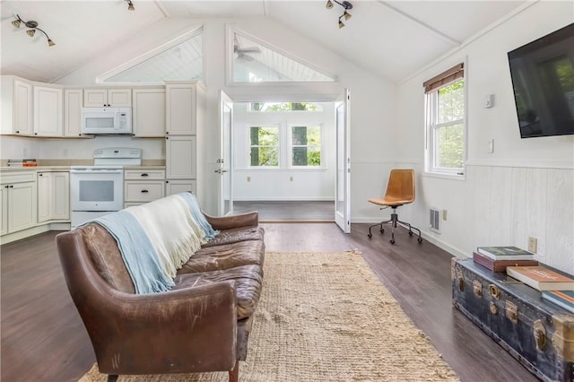 2712 Silver Lake Rd, Hancock, NY 13783 - living area with lofted ceiling, dark wood-style flooring, and wainscoting