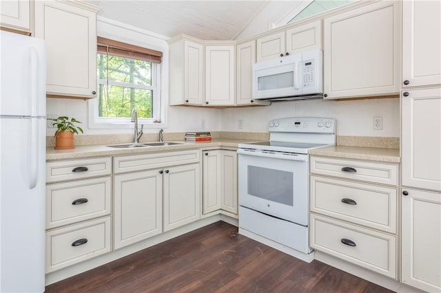 2712 Silver Lake Rd, Hancock, NY 13783 - kitchen featuring white appliances, a sink, lofted ceiling, dark wood finished floors, and light countertops