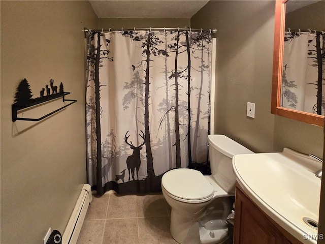 3636 Kennedy Rd, Lafayette, NY 13084 - bathroom with baseboard heating, vanity, toilet, tile patterned flooring, and curtained shower