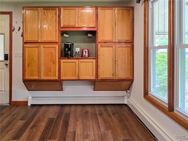 3636 Kennedy Rd, Lafayette, NY 13084 - kitchen with a baseboard radiator, dark wood-style floors, a baseboard heating unit, and baseboards