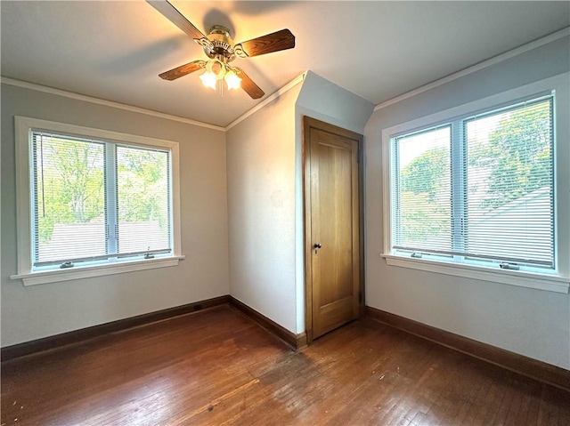 966 W Church St, Elmira, NY 14905 - spare room featuring dark wood finished floors, a ceiling fan, ornamental molding, and baseboards