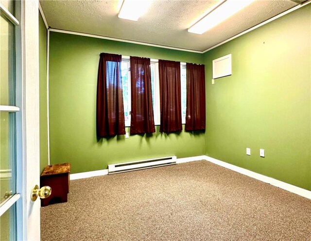 966 W Church St, Elmira, NY 14905 - empty room featuring a baseboard heating unit, carpet flooring, a textured ceiling, and baseboards