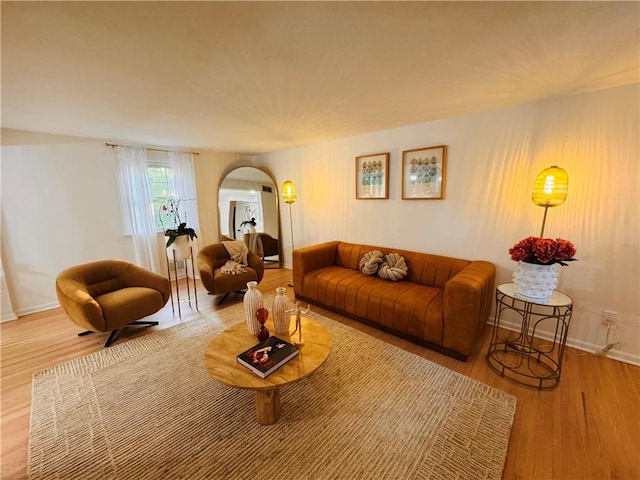11 Laureldale Dr, Pittsford, NY 14534 - living room featuring arched walkways, wood finished floors, and baseboards