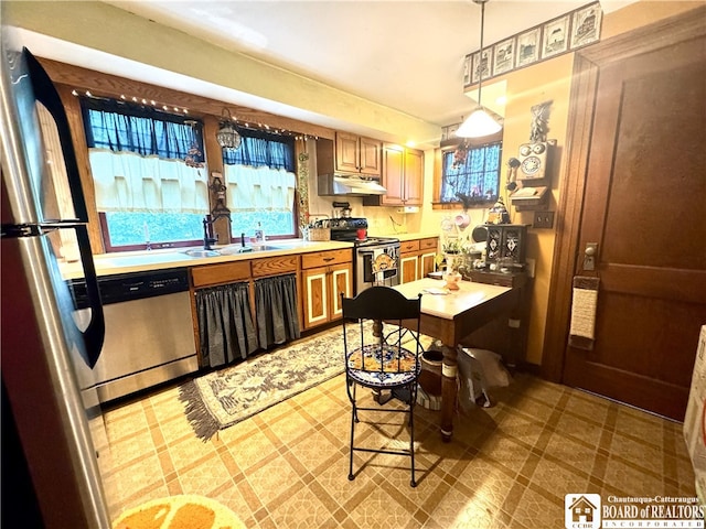 162 Sturges St, Jamestown, NY 14701 - kitchen with stainless steel appliances, a sink, under cabinet range hood, light countertops, and plenty of natural light