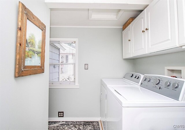 1615 Cortland St, Deruyter, NY 13052 - laundry area with cabinet space, separate washer and dryer, ornamental molding, and baseboards