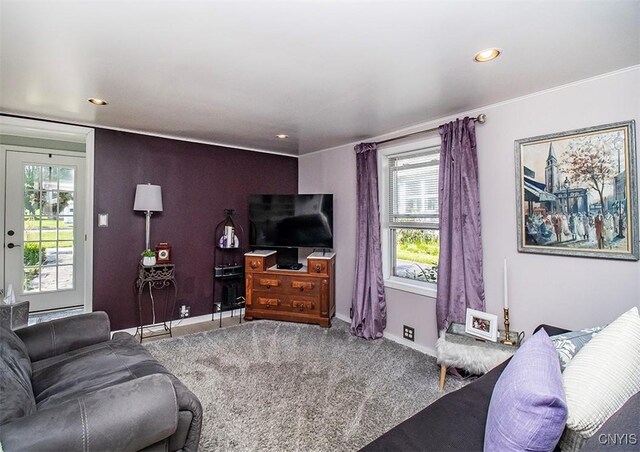 1615 Cortland St, Deruyter, NY 13052 - living room featuring recessed lighting, baseboards, and carpet
