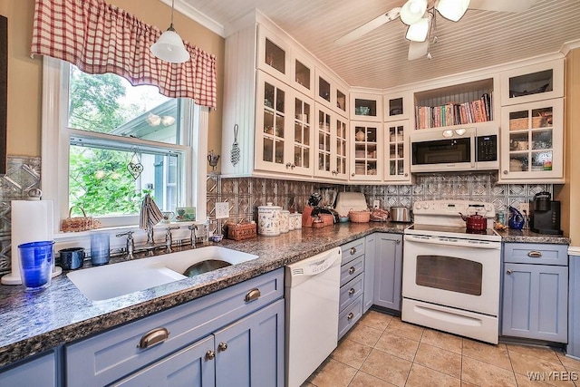 117 Stutzman Rd, Lancaster, NY 14026 - kitchen with white appliances, a sink, light tile patterned flooring, tasteful backsplash, and a ceiling fan