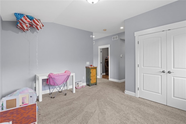 1915 Factors Walk, West Bloomfield, NY 14475 - rec room featuring carpet floors, baseboards, lofted ceiling, and recessed lighting