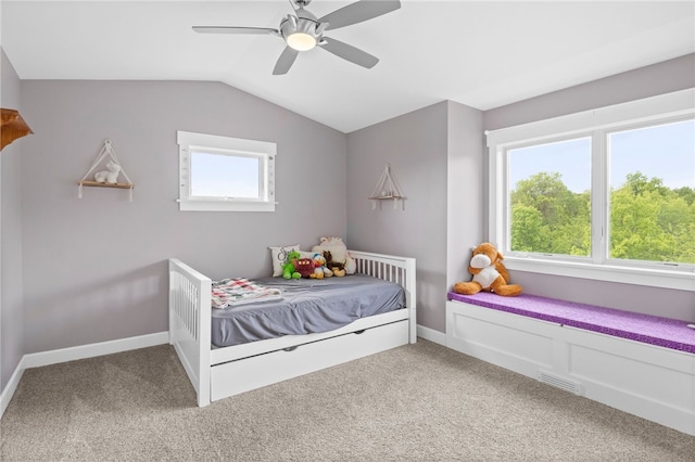 1915 Factors Walk, West Bloomfield, NY 14475 - bedroom with light colored carpet, lofted ceiling, baseboards, and a ceiling fan