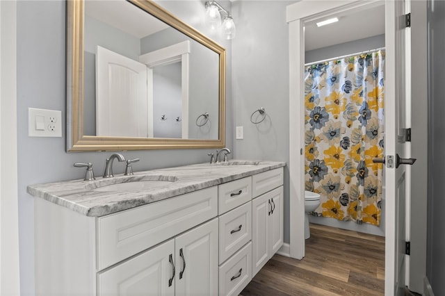 1915 Factors Walk, West Bloomfield, NY 14475 - bathroom featuring toilet, double vanity, wood finished floors, and a shower with shower curtain