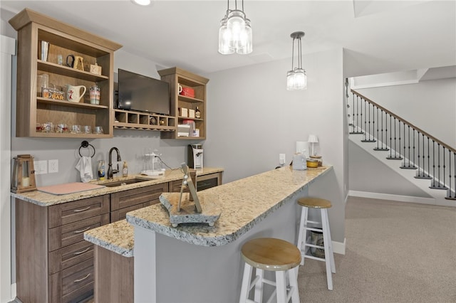 1915 Factors Walk, West Bloomfield, NY 14475 - indoor wet bar with stairs, light carpet, hanging light fixtures, and baseboards