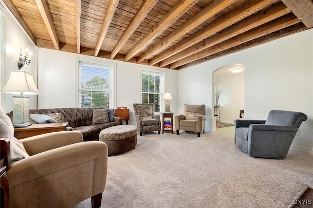 26 Utica St, Kirkland, NY 13323 - living area with wood ceiling with exposed beams, arched walkways, and light colored carpet