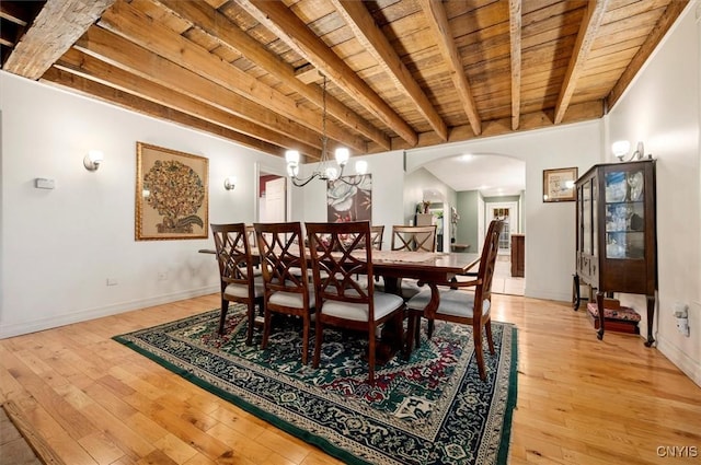 26 Utica St, Kirkland, NY 13323 - dining area with arched walkways, wooden ceiling with exposed beams, light wood-style flooring, and baseboards