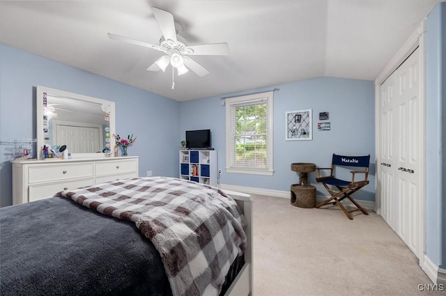 26 Utica St, Kirkland, NY 13323 - bedroom with light colored carpet, vaulted ceiling, a ceiling fan, and baseboards