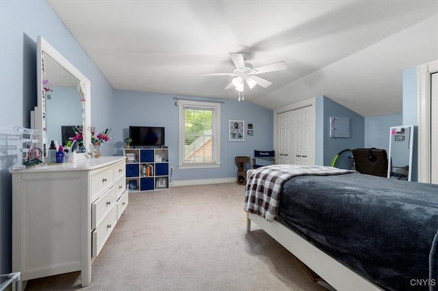 26 Utica St, Kirkland, NY 13323 - bedroom featuring light carpet, vaulted ceiling, baseboards, and ceiling fan