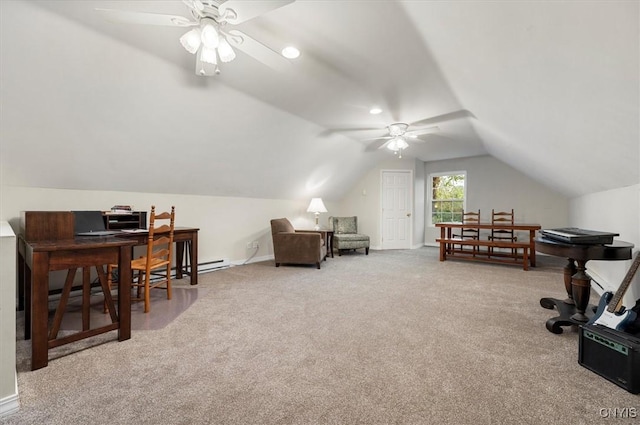 26 Utica St, Kirkland, NY 13323 - carpeted office space with a ceiling fan, vaulted ceiling, and baseboards