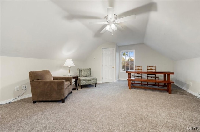 26 Utica St, Kirkland, NY 13323 - sitting room featuring light carpet, lofted ceiling, baseboards, and ceiling fan