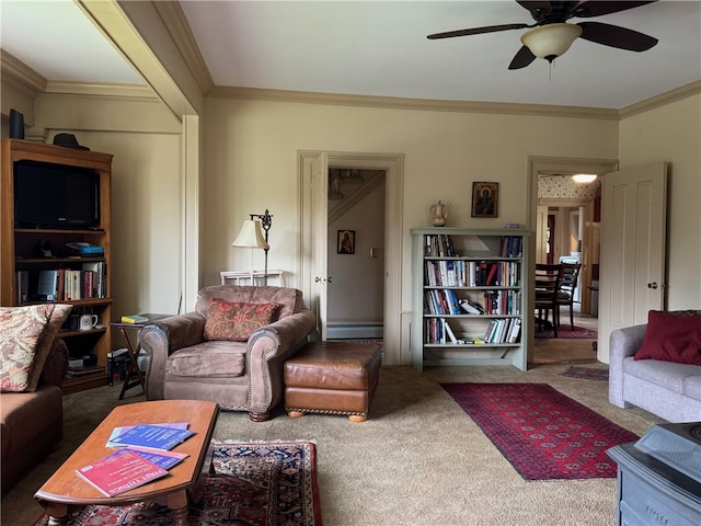 1604 Moland Rd, Alfred, NY 14803 - living room with carpet floors, a ceiling fan, and ornamental molding