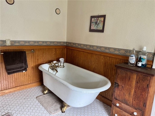 1604 Moland Rd, Alfred, NY 14803 - full bathroom with wainscoting, a freestanding bath, and wallpapered walls