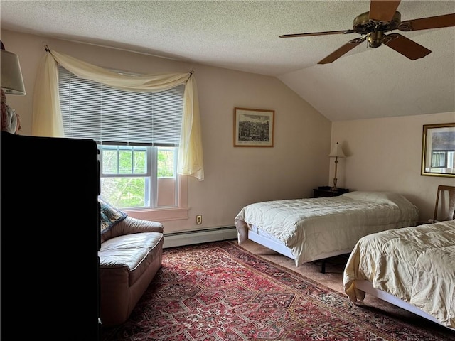1604 Moland Rd, Alfred, NY 14803 - bedroom featuring a baseboard radiator, lofted ceiling, a textured ceiling, and ceiling fan