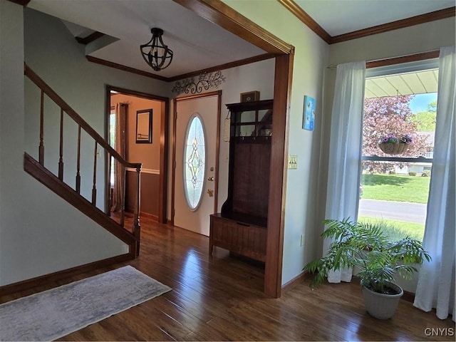 4982 Alfred Dr, Clay, NY 13090 - foyer with stairway, wood finished floors, and ornamental molding