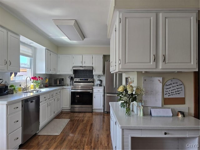 4982 Alfred Dr, Clay, NY 13090 - kitchen with stainless steel appliances, under cabinet range hood, a sink, white cabinets, and light countertops