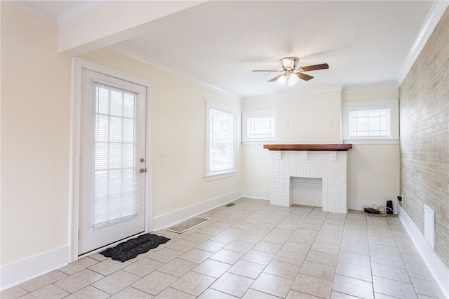 121 Barnard St, Greece, NY 14616 - unfurnished living room with ceiling fan, crown molding, light tile patterned floors, and a fireplace