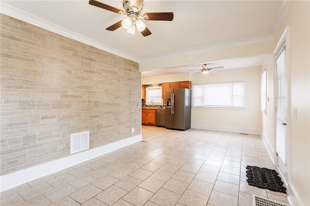121 Barnard St, Greece, NY 14616 - unfurnished room featuring a ceiling fan, ornamental molding, a sink, light tile patterned flooring, and baseboards