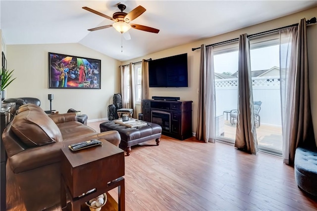 503 Valley Creek Rd, Gates, NY 14624 - living area featuring ceiling fan, light wood-type flooring, plenty of natural light, lofted ceiling, and baseboards