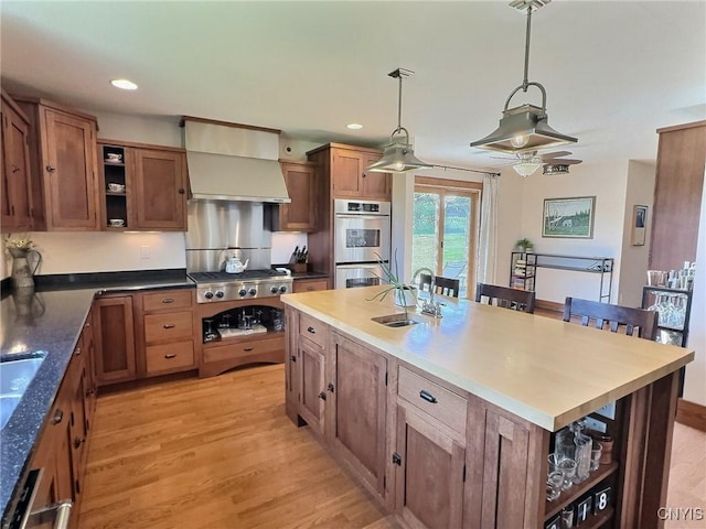 7294 Chase Rd, Pompey, NY 13063 - kitchen featuring open shelves, stainless steel double oven, custom exhaust hood, a sink, and light wood-style floors