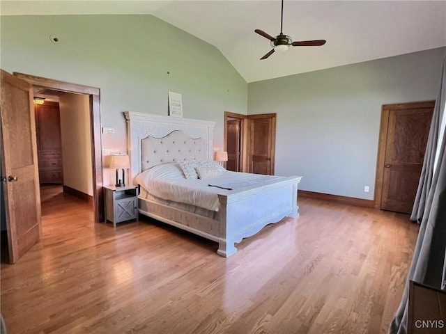 7294 Chase Rd, Pompey, NY 13063 - bedroom featuring high vaulted ceiling, baseboards, wood finished floors, and ceiling fan